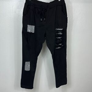 Bella Amore Black Beaded Ripped Patchwork Jogger Pants Size S/M